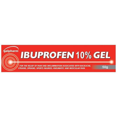 IBUPROFEN 10% GEL packaging with red and white design on a white background