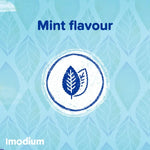 Imodium product with mint flavour text and leaf symbol on a blue patterned background