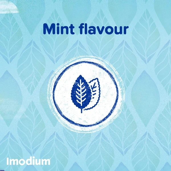 Imodium product with mint flavour text and leaf symbol on a blue patterned background