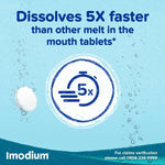 Advertisement for Imodium showing a tablet faster than other tablets with a blue background.
