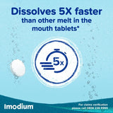 Advertisement for Imodium showing a tablet faster than other tablets with a blue background.