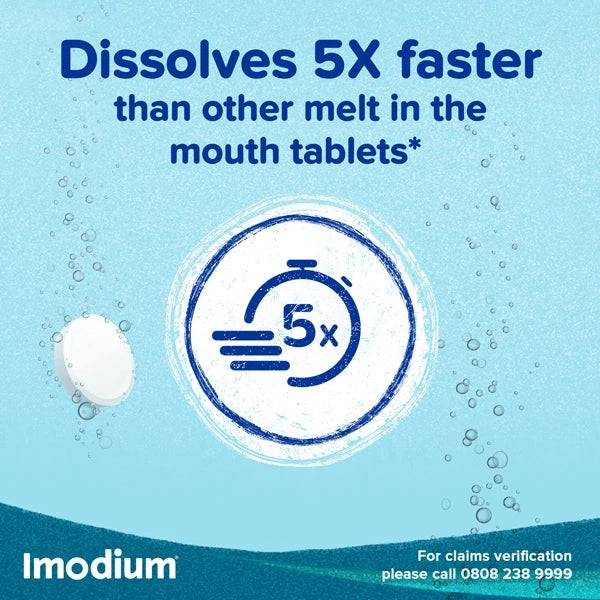 Advertisement for Imodium showing a tablet faster than other tablets with a blue background.