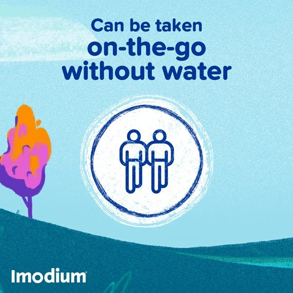 Imodium advertisement with two people icon and text on a blue background