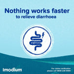 Imodium advertisement with text 'Nothing works faster to relieve diarrhoea' on a blue background.