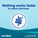Imodium advertisement with text 'Nothing works faster to relieve diarrhoea' on a blue background.