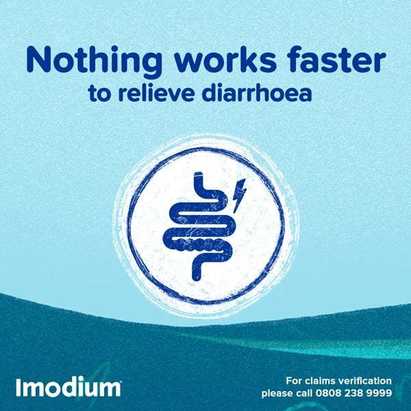 Imodium advertisement with text 'Nothing works faster to relieve diarrhoea' on a blue background.