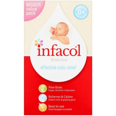 Infacol Simeticone 55ml box showing baby and benefits for infant colic relief.