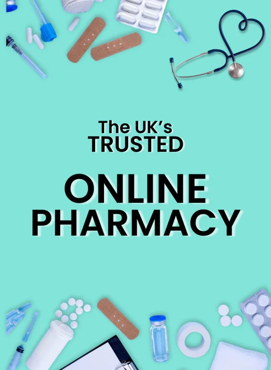 Promotional graphic for 'The UK's Trusted Online Pharmacy' with medical supplies on a teal background.