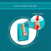 Instructions on how to open a Compeed blister pad packaging with a blue background.