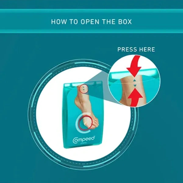Instructions on how to open a Compeed blister pad packaging with a blue background.