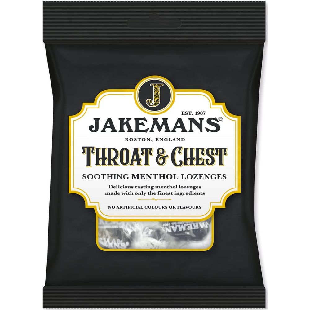 Jakemans Throat & Chest lozenge 160g package on a white background