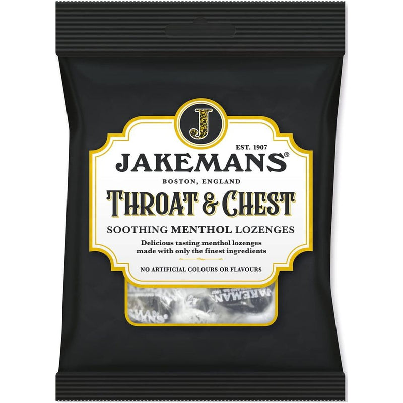 Jakemans Throat & Chest lozenge 160g package on a white background