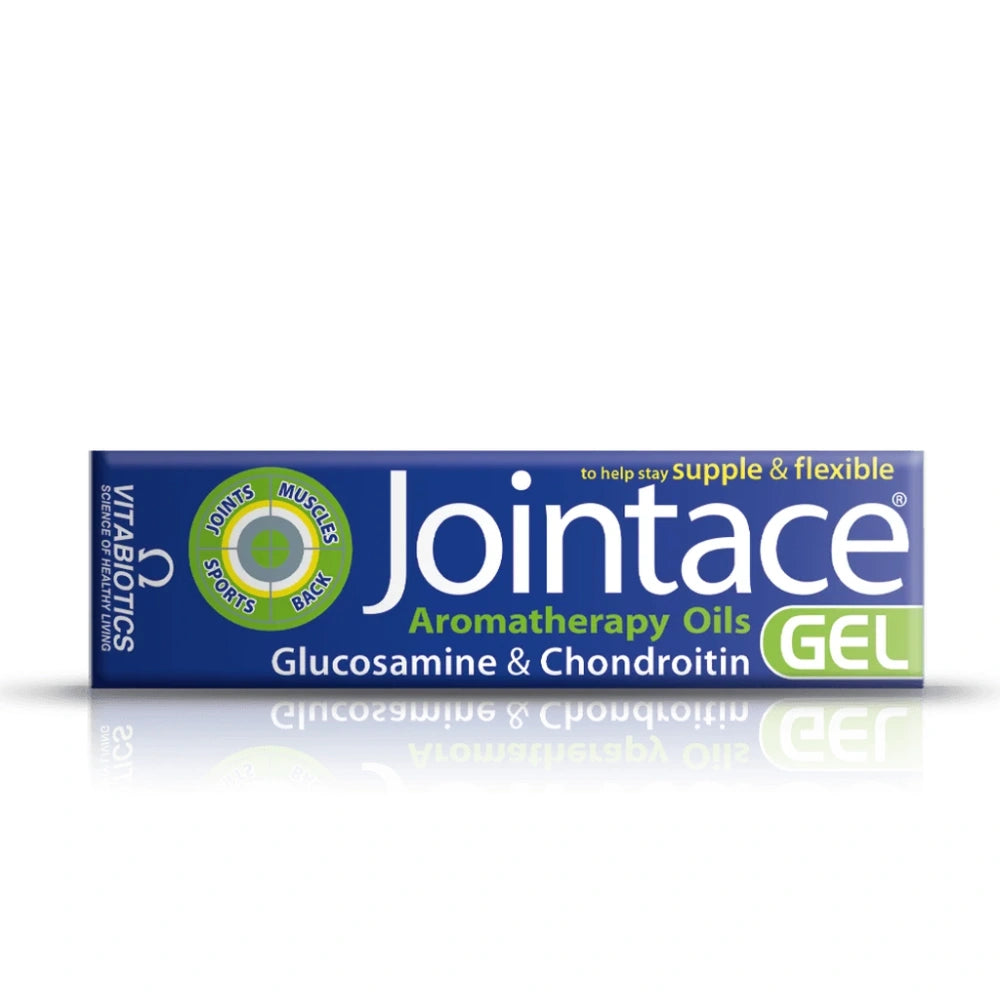 A box of Jointace Aromatherapy Oils Gel, featuring a blue and white design with green accents, on a white background with a soft reflection below.