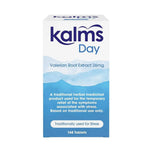 A white and blue box of Kalms Day 168 tablets Valerian Root Extract 26mg tablets, featuring a clean studio shot on a white background.