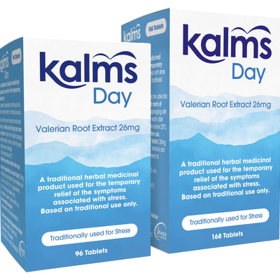Two boxes of Kalms Day Valerian Root Extract on a white background
