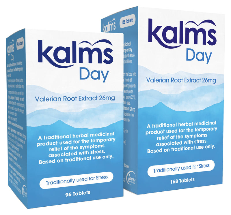 Two boxes of Kalms Day Valerian Root Extract on a white background