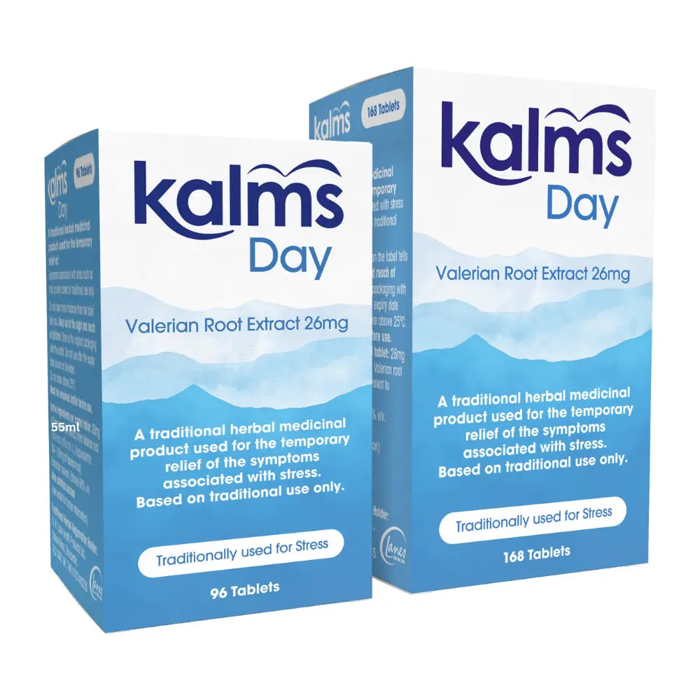Two boxes of Kalms Day Valerian Root Extract 26mg tablets shown on a plain white background. The packaging is white and blue with the brand name 'kalms' in dark blue and 'Day' in white.