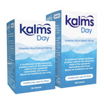 Two boxes of Kalms Day Valerian Root Extract 26mg tablets shown on a plain white background. The packaging is white and blue with the brand name 'kalms' in dark blue and 'Day' in white.