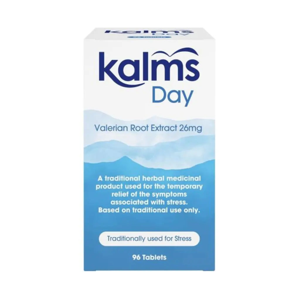 A box of Kalm's Day 96 tablets Valerian Root Extract 26mg tablets, featuring a white and blue design with text detailing its use for stress relief.