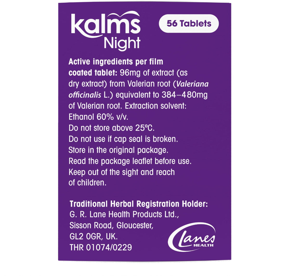 Purple packaging of 'Kalm's Night' tablets with text and branding details.