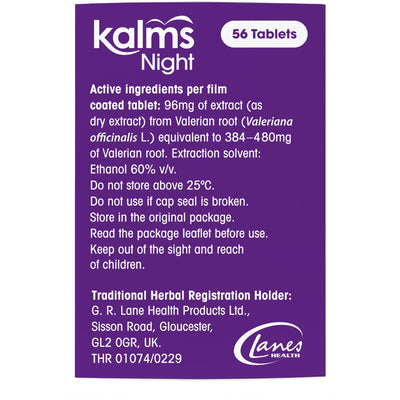 Purple packaging of 'Kalm's Night' tablets with text and branding details.