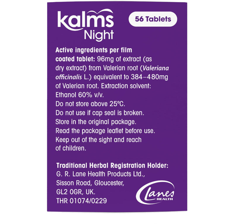 Purple packaging of 'Kalm's Night' tablets with text and branding details.