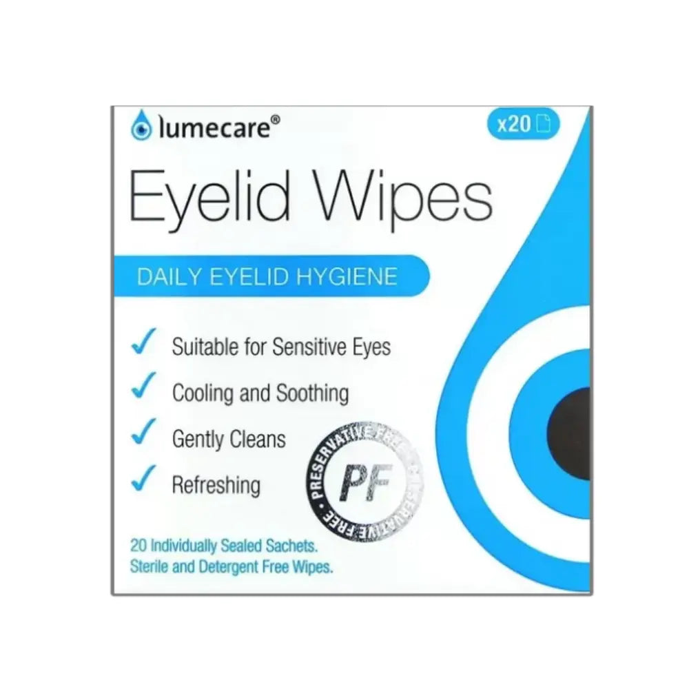 Lumecare Eyelid Wipes daily eyelid hygiene box, containing 20 individually sealed sachets. The packaging is white with blue and black text and graphics, including a stylized eye target on the right side.