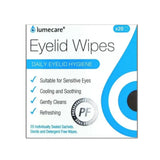 Lumecare Eyelid Wipes daily eyelid hygiene box, containing 20 individually sealed sachets. The packaging is white with blue and black text and graphics, including a stylized eye target on the right side.