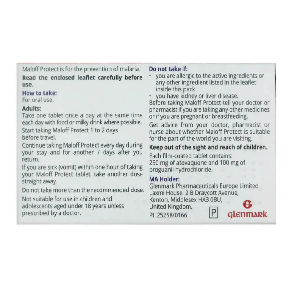 Medication label for Maloff Protect with instructions and safety information.