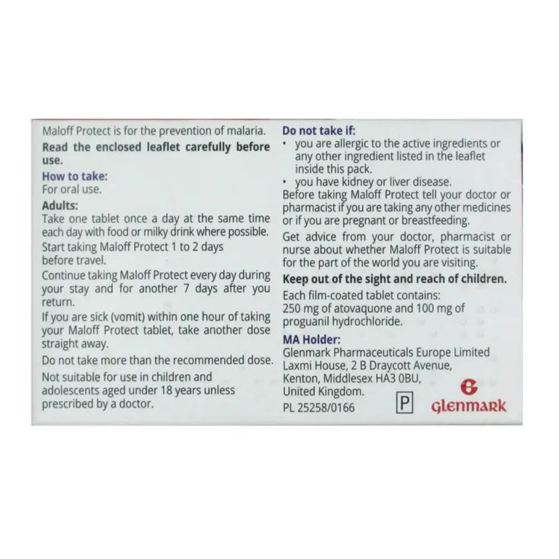 Medication label for Maloff Protect with instructions and safety information.
