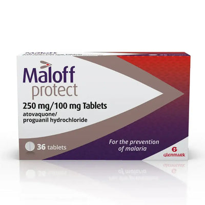 Maloff Protect 36 Tablets medication box for the prevention of malaria with Glenmark branding.