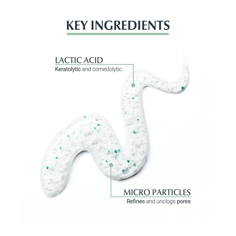 Man holding Eucerin DermoPurifyer scrub, with key benefits: reduces blemishes and refines texture.