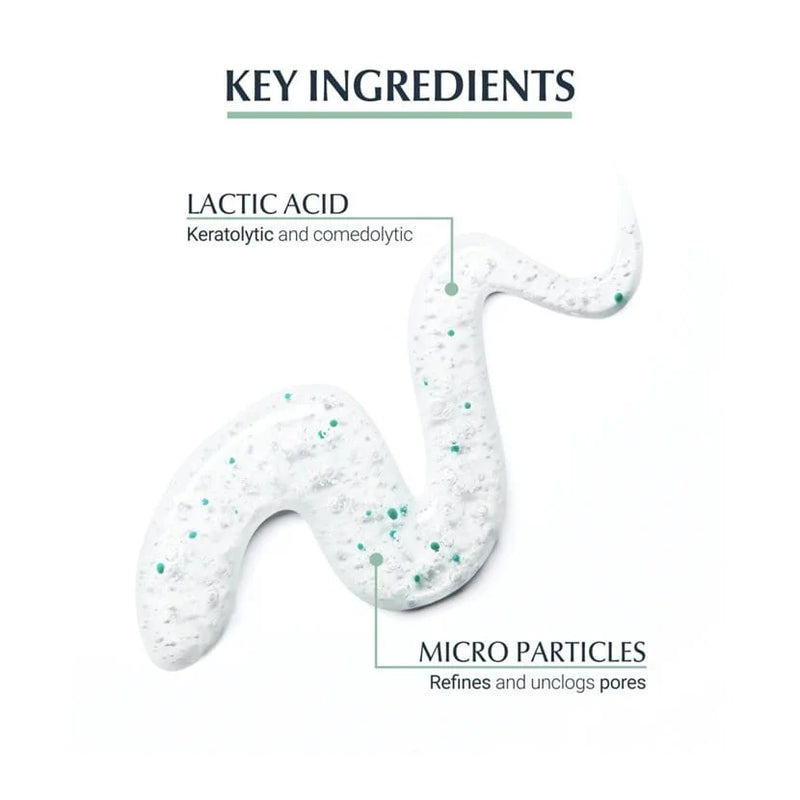 Man holding Eucerin DermoPurifyer scrub, with key benefits: reduces blemishes and refines texture.