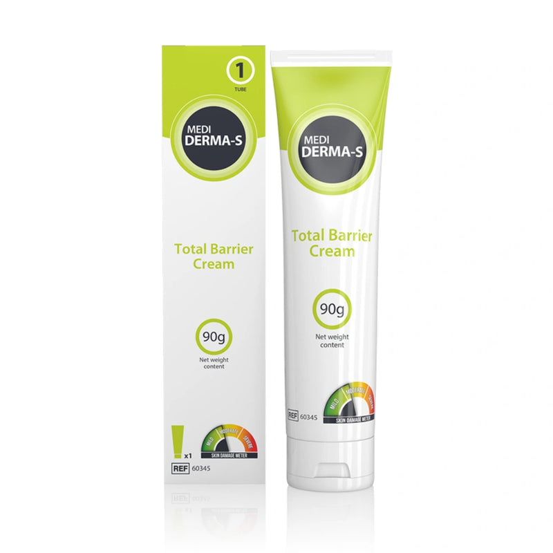 Medi-Derma-S Total Barrier Cream 90g shown in its white and lime green squeeze tube next to its matching retail box on a white background.