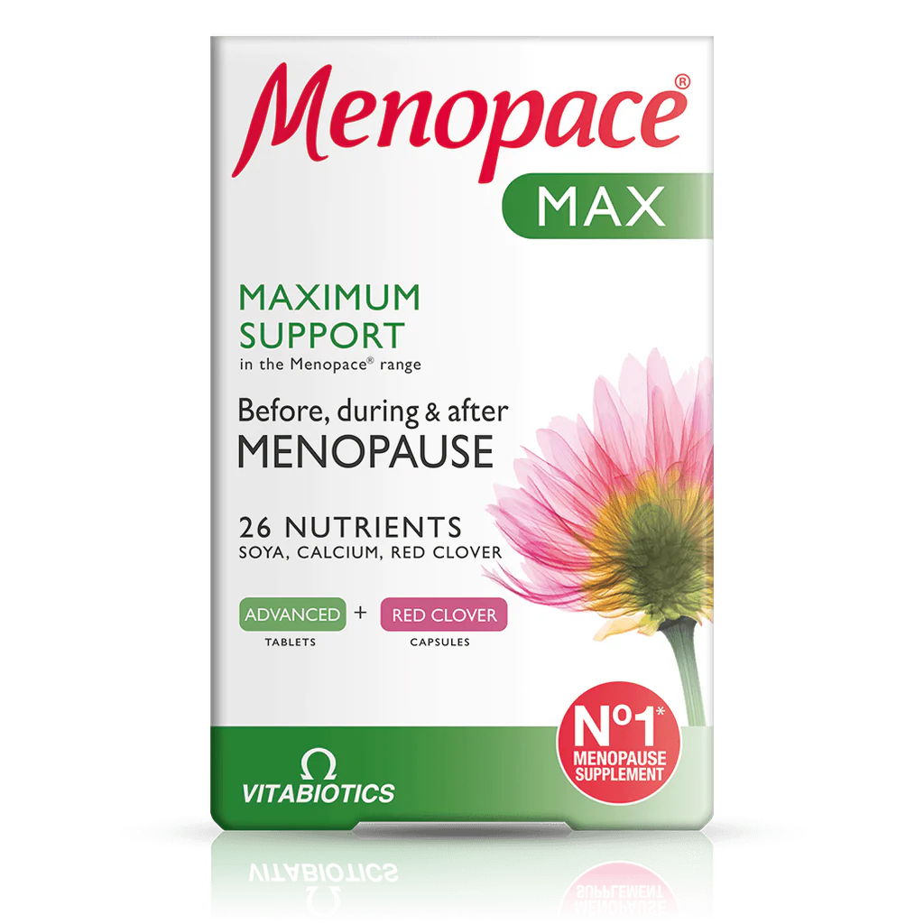 Menopace Max supplement packaging with a flower illustration on a white background