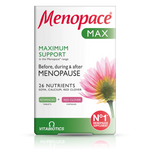 Menopace Max supplement packaging with a flower illustration on a white background