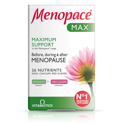 Menopace Max supplement packaging with a flower illustration on a white background