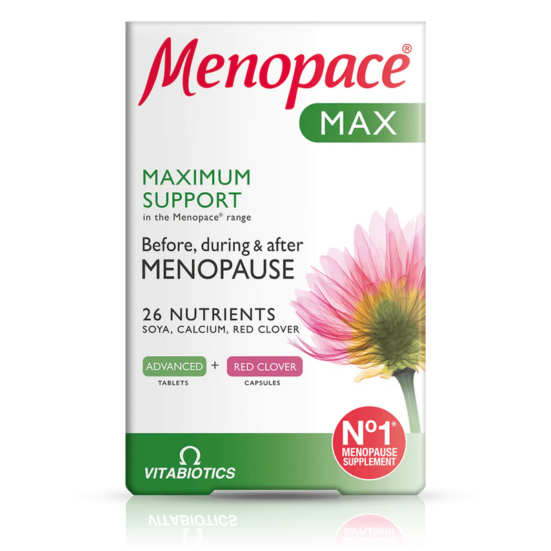 Menopace Max supplement packaging with a flower illustration on a white background