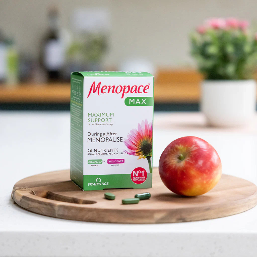 Menopace Max supplement box with an apple on a wooden board