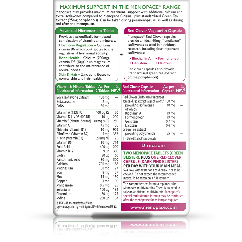 Nutritional supplement label for Menopause Max with detailed ingredient list and directions.