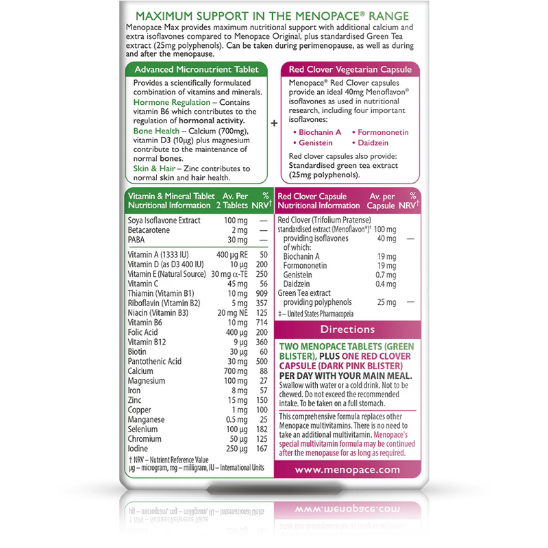 Nutritional supplement label for Menopause Max with detailed ingredient list and directions.