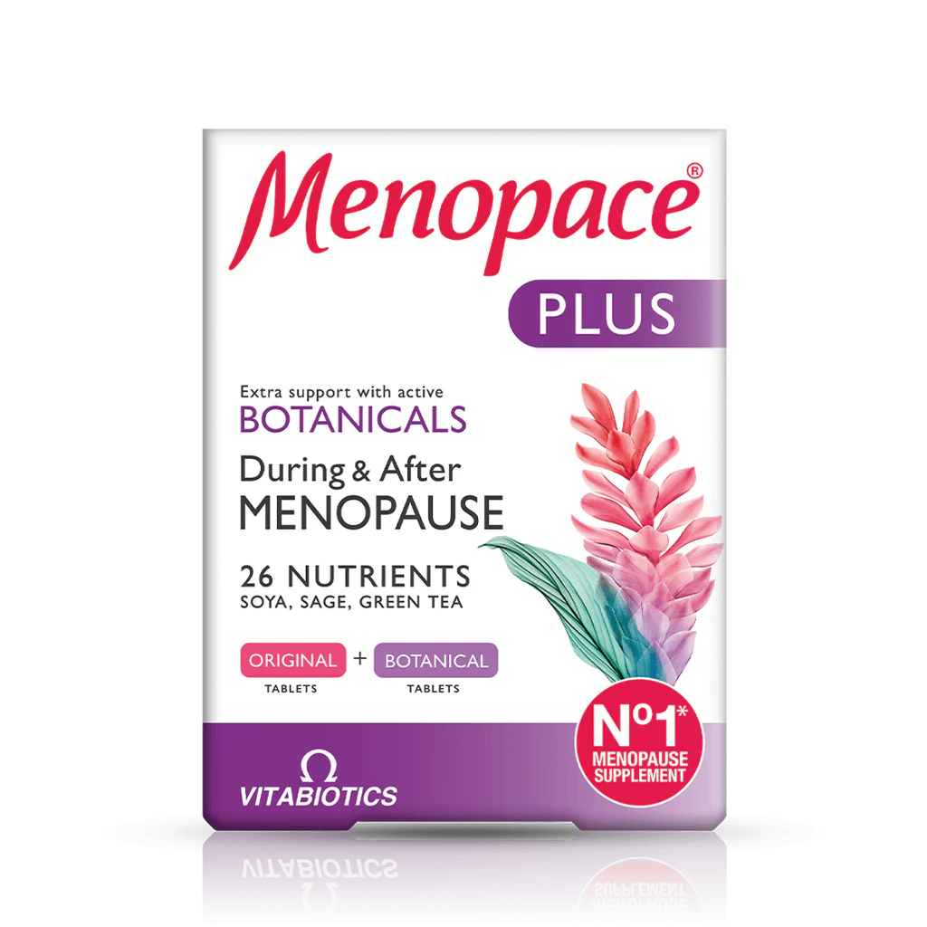 Menopace Plus 56 tablets with 26 nutrients, including soya, sage, and green tea for menopause support.