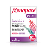 Menopace Plus 56 tablets with 26 nutrients, including soya, sage, and green tea for menopause support.