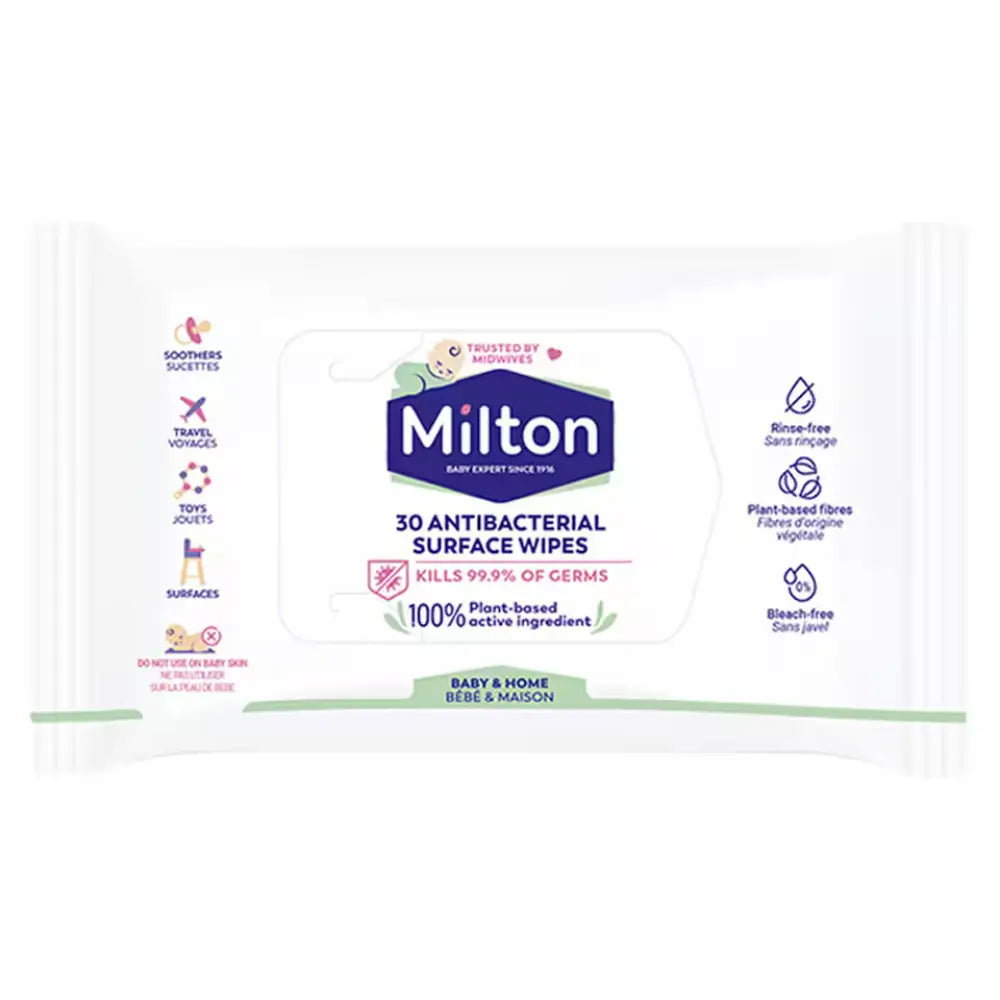 Milton antibacterial surface wipes packaging on a white background
