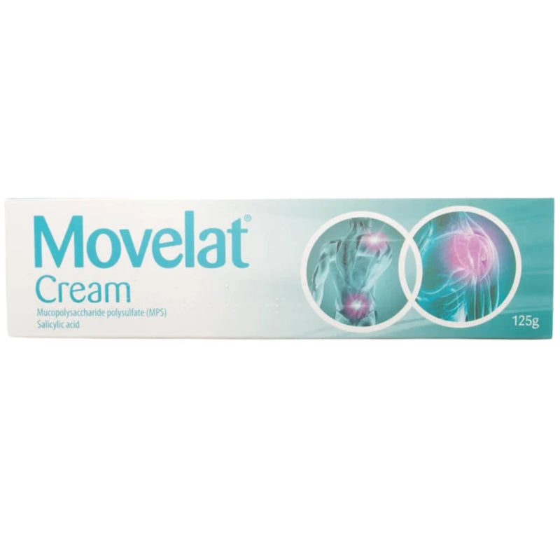 Movelat Cream 125g tube packaging, featuring a white and teal design with anatomical diagrams of a shoulder and knee.