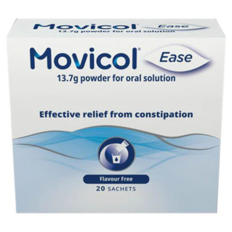 Movicol Ease packaging for constipation relief with blue and white design