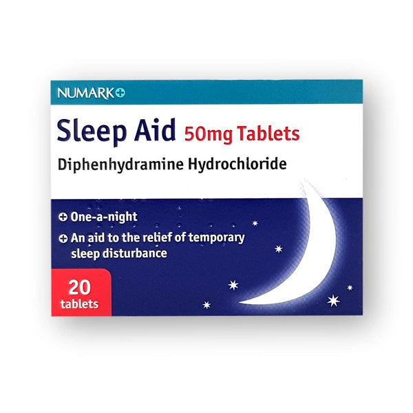 NUMARK Sleep Aid 50mg Tablets box with moon and stars design, contains 20 diphenhydramine tablets.
