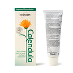 Nelsons Calendula Cream 50ml Improved Formulation multi-purpose cream shown with its white and green packaging box and a 50ml squeeze tube on a plain white background.