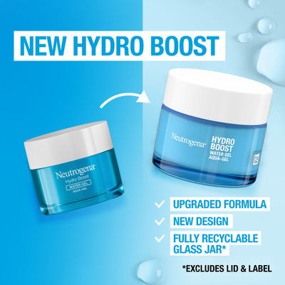 Neutrogena Hydro Boost water gel jar with blue background and text highlighting features.