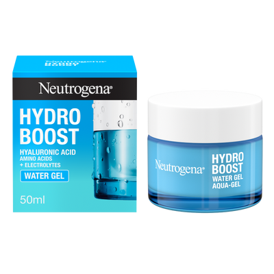 Neutrogena Hydro Boost water gel packaging and jar on a white background